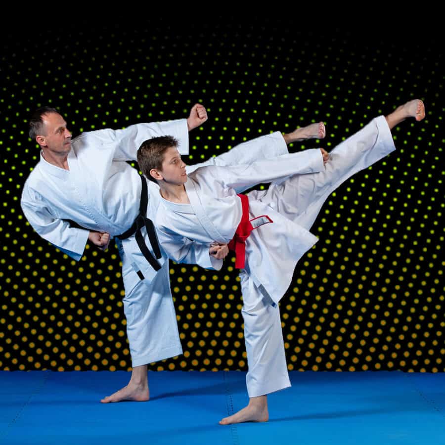 Martial Arts Lessons for Families in Strongville OH - Dad and Son High Kick